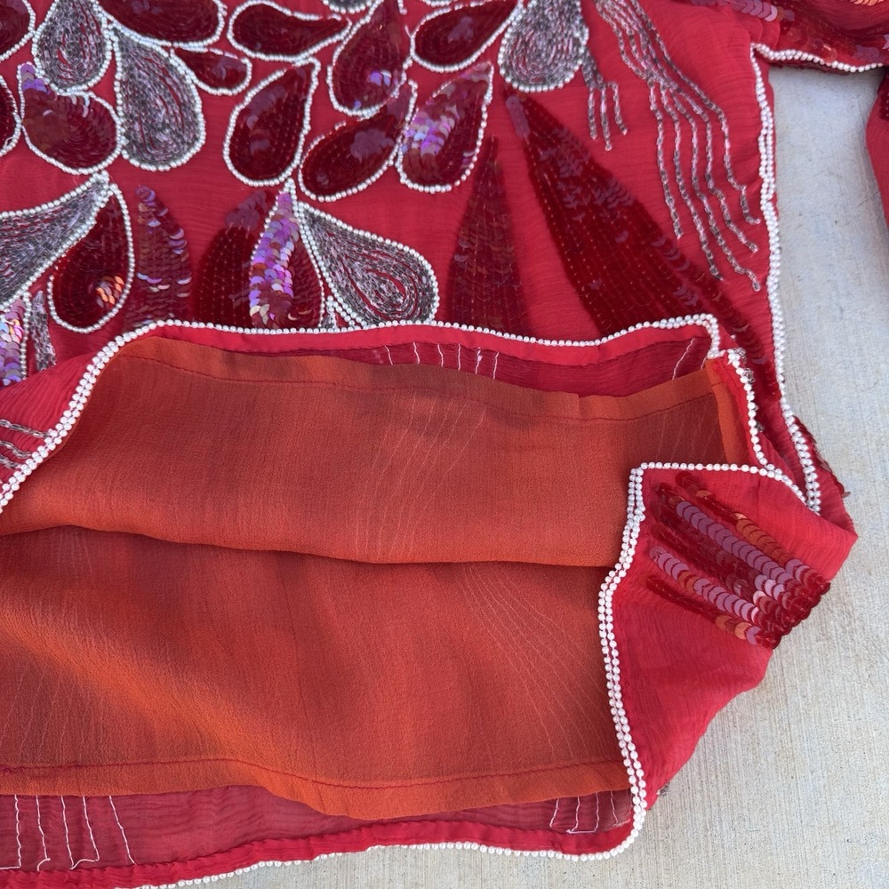Vintage Art Deco Pure Silk Medium Red Rhinestone‎ Sequin Bling Beaded Iridescent - Picture 5 of 9